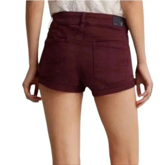 American Eagle Hi-Rise Shortie Jean Shorts Burgundy Super Stretch Size 8 - Picture 2 of 12